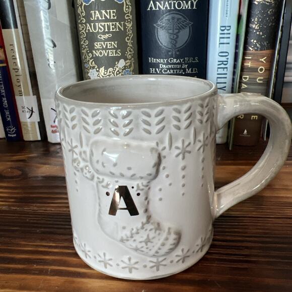 Anthropologie Snowcap Reactive-Glazed Monogram Mug "A" White Gray Gold 13 fl oz - Picture 1 of 6